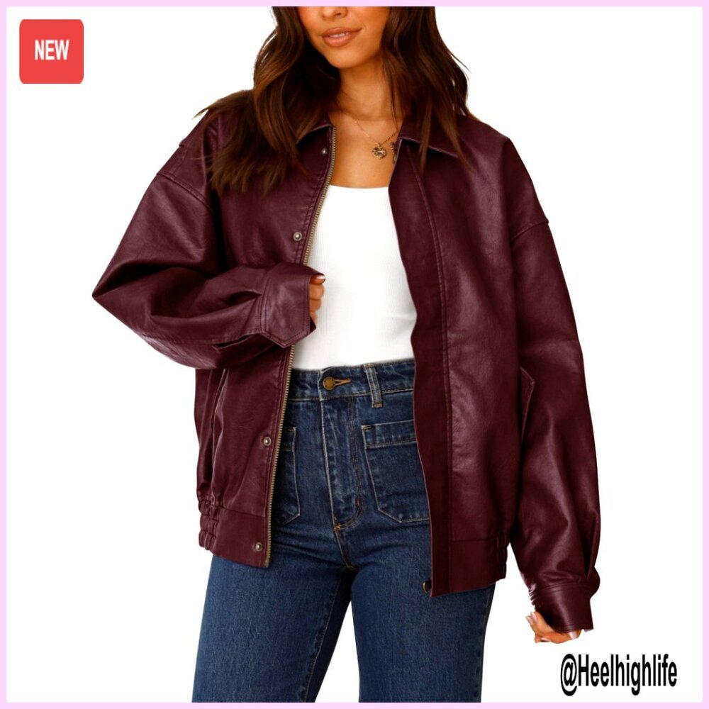 Oversized Faux Leather Motorcycle Jacket, Zip Up Winter Coat, Women's Outerwear